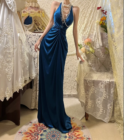 Fashion V Neck Navy Blue Satin Beaded Mermaid Long Party Dress Evening Dress D2107