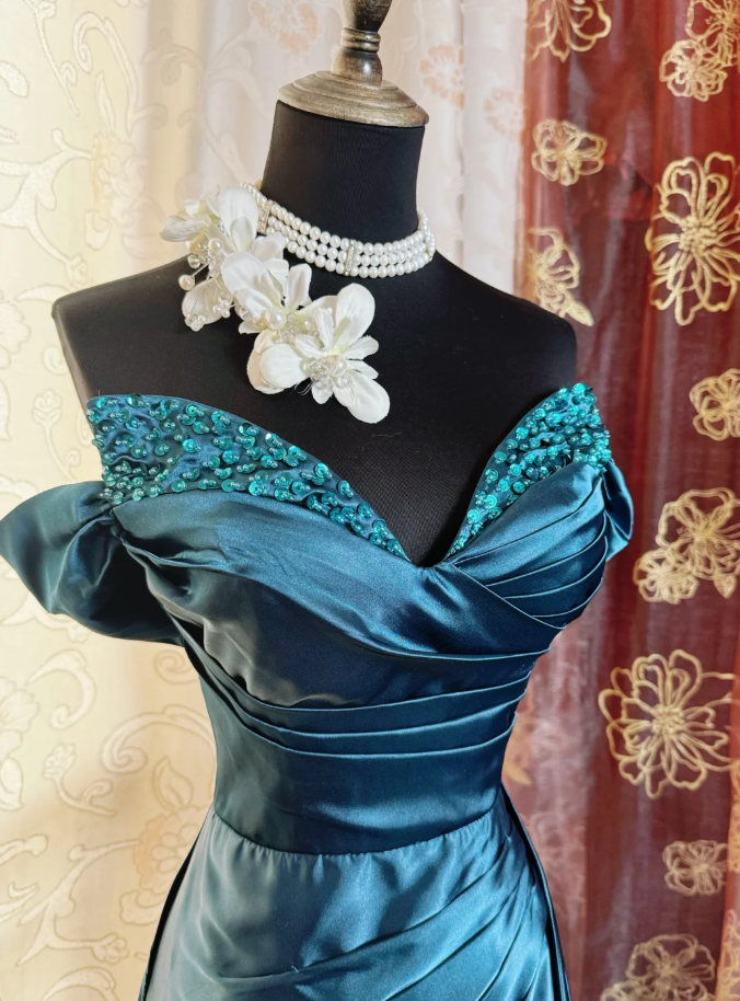 Gorgeous Navy Blue Off The Shoulder Satin Beaded Mermaid Long Evening Dress Formal Birthday Prom Dress SP1886