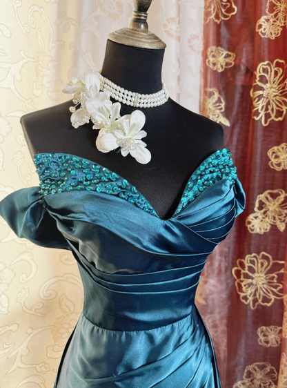 Gorgeous Navy Blue Off The Shoulder Satin Beaded Mermaid Long Evening Dress Formal Birthday Prom Dress SP1886