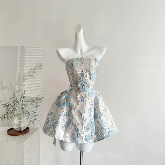 Vintage Strapless Satin Print Floral A Line Women Dress Holiday Dress S691