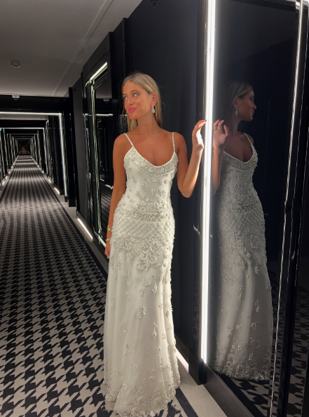 Elegant Spaghetti Straps Satin Tulle Beaded Long Party Dress Evening Dress D1365