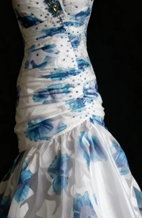 Elegant Sweetheart Neck Blue Tulle Print Floral Mermaid Long Prom Dresses Birthday Party Dress  D1516