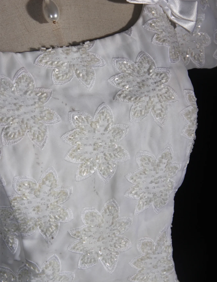Pretty White Satin Beaded Floral Lace Ball Gown Formal Long Wedding Dress