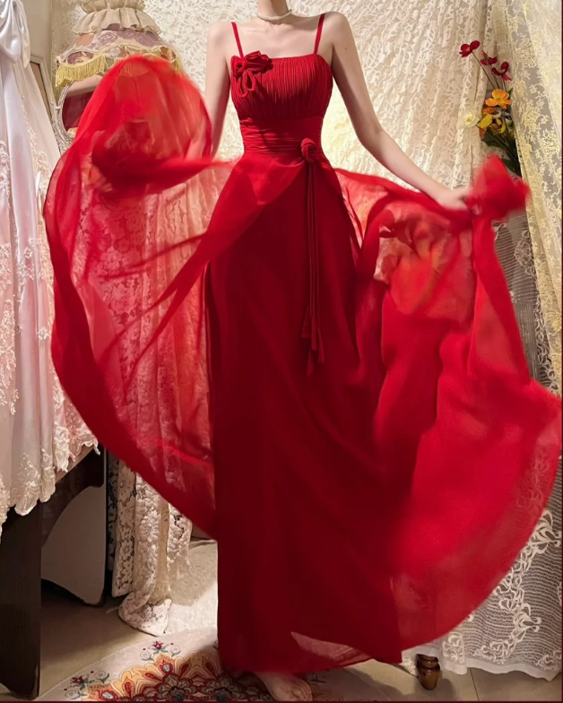 Charming Spaghetti Straps Red Chiffon A Line Long Wedding Guest Dress Evening Dress Dress D21112