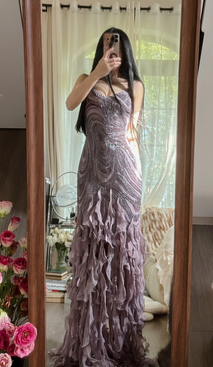 Vintage Purple Spaghetti Straps Chiffon Beaded Ruffles Mermaid Long Party Dress Birthday Prom Dress D2306