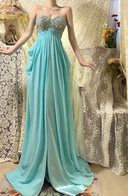Pretty Strapless Blue Satin Chiffon Beaded Long Wedding Guest Dress Formal Birthday Party Dress D2132