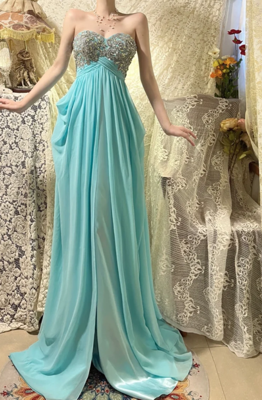 Pretty Strapless Blue Satin Chiffon Beaded Long Wedding Guest Dress Formal Birthday Party Dress D2132