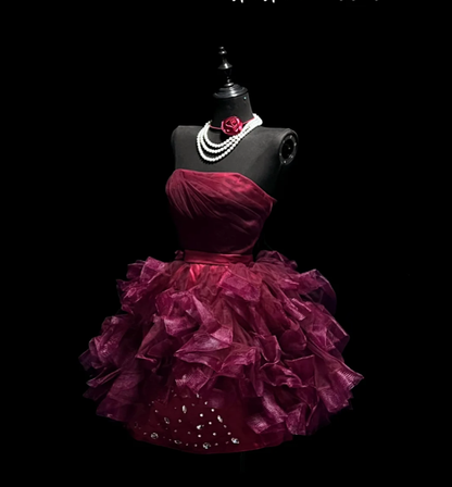 Pretty Burgundy Strapless Tulle Beaded A Line Short Homecoming Dress Formal Birthday Outfits D1827