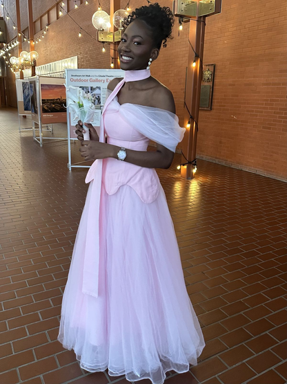 Sweet Off The Shoulder Pink Tulle Satin A Line Long Wedding Guest Dress Formal Bridesmaid Dress D1963