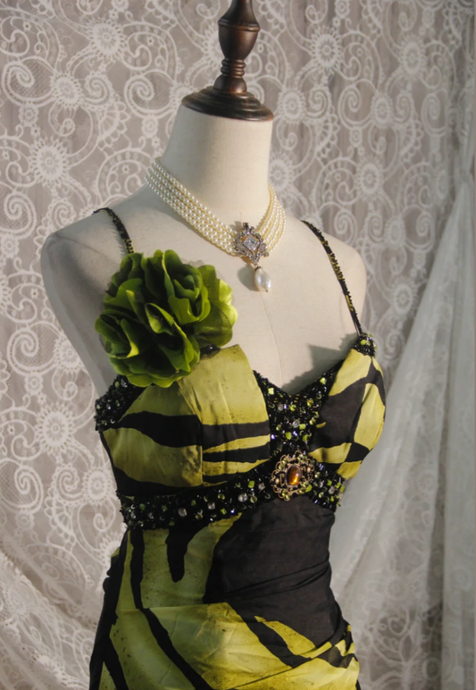 Unique Spaghetti Straps Green Chiffon Beaded Mermaid Long Prom Dress Evening Dress D2251