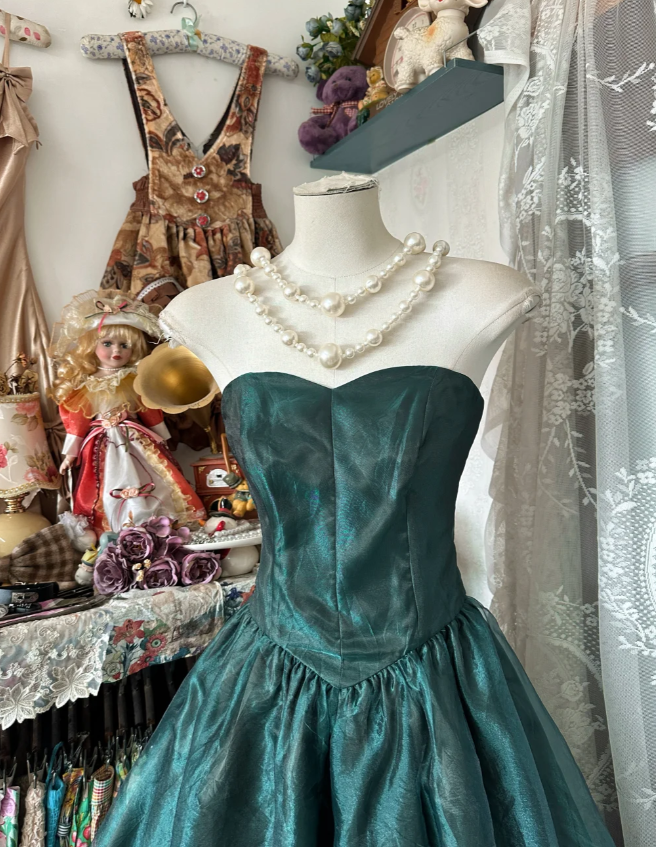 Vintage Strapless Dark Green Organza Ball Gown Long Evening Dress
