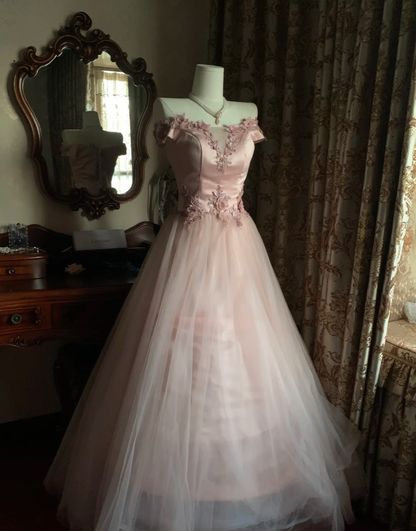 Sweet Pink Off The Shoulder Satin Tulle Appliques Long Birthday Party Dress Prom Gown