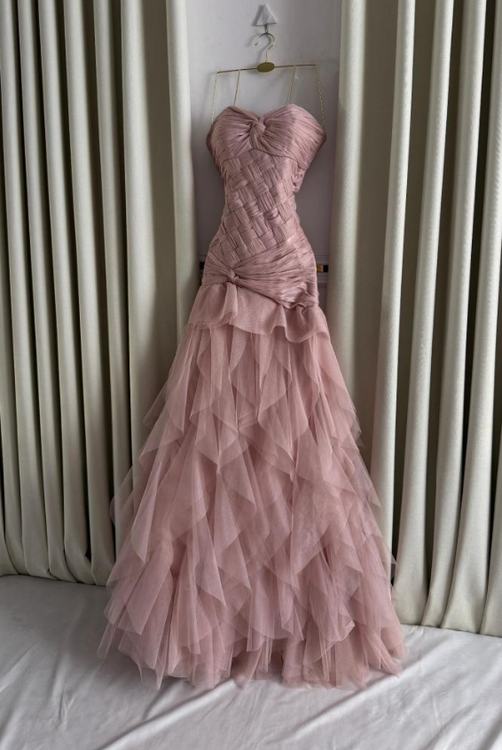 Pretty Pink Strapless Tulle Pleated Mermaid Evening Dress Long Birthday Party Dress D1603