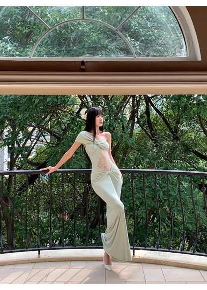 Elegant Pea Green Shoulder Satin Lace Mermaid Long Wedding Guest Dress Formal Evening Dress Prom Dress D2080