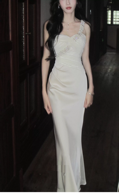 Pretty One Shoulder White Satin Beaded Mermaid Long Party Dress Formal 18th Birthday Outfits SP2006