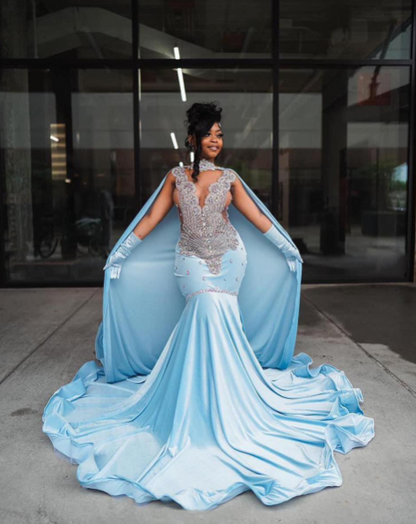 Sky Blue Velvet Silver Crystal Evening Dress,Luxurious Evening Gown Y5764