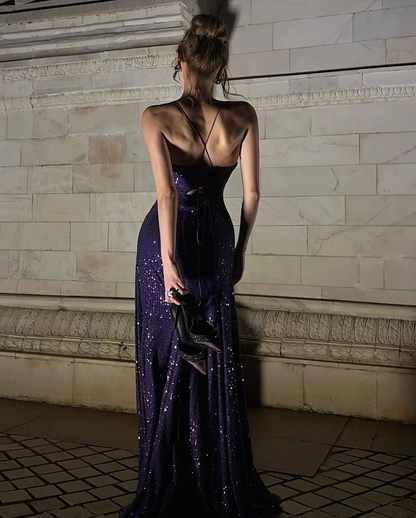 Charming Spaghetti Straps Purple V Neck Sequin Slit Mermaid Evening Dress Long Wedding Guest Dress D1886