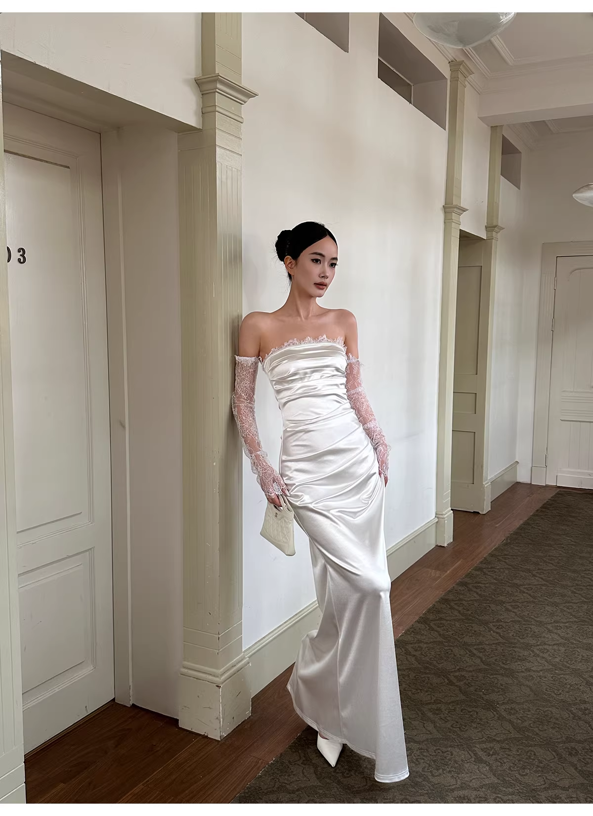Classy White Off The Shoulder Satin Lace Mermaid Long Wedding Guest Dress Formal Evening Dress Prom Gown