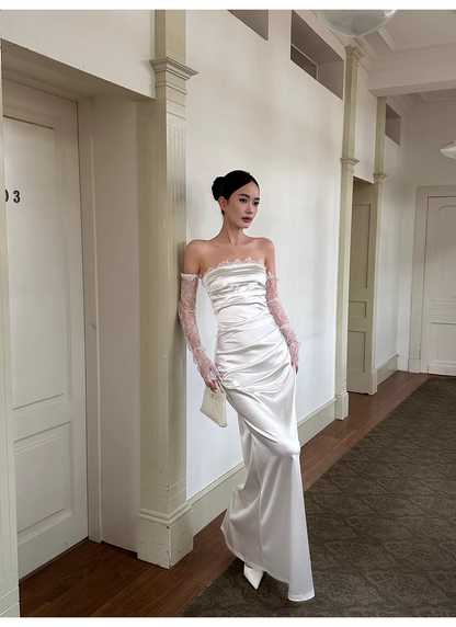 Classy White Off The Shoulder Satin Lace Mermaid Long Wedding Guest Dress Formal Evening Dress Prom Gown