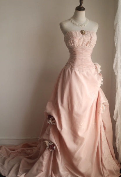 Pretty Pink Strapless Satin Lace Appliques Mermaid Long Party Dress Birthday Dress With 3D Flowers D2330