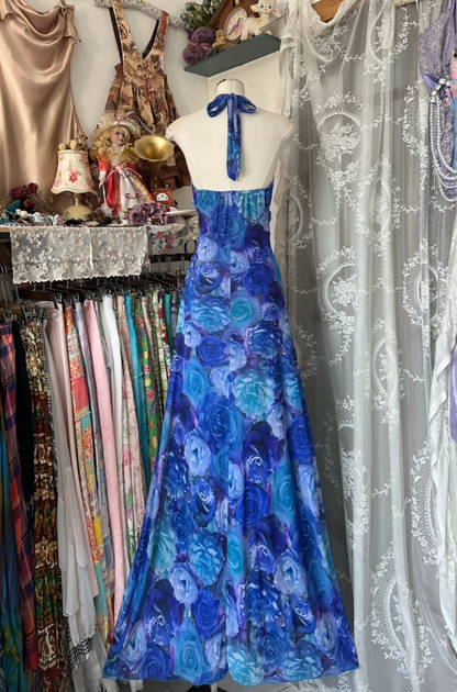 Unique Halter V Neck Blue Print Floral Mermaid Long Evening Dress Birthday Prom Gown