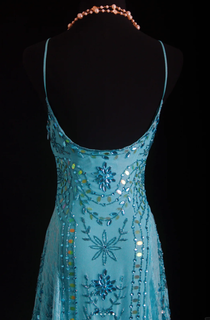 Sparkly Spaghetti Straps Blue Lace Beaded Mermaid Long Party Dress Birthday Prom Dresses D1664