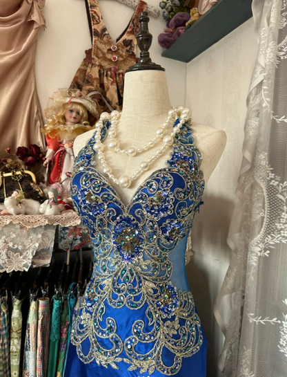 Gorgeous Royal Blue Halter Satin Beaded Mermaid Evening Dress Long Birthday Party Gown