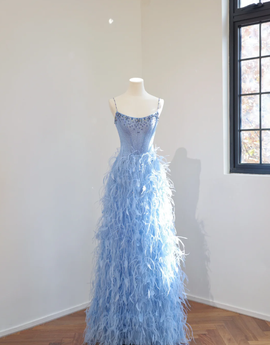 Fairy Spaghetti Straps Blue Satin Beaded Feathers A Line Birthday Prom Dress Party Dress D2151