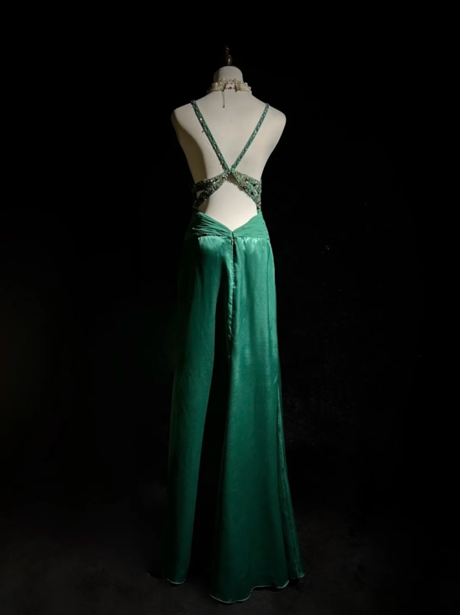 Elegant V Neck Green Satin Beaded Mermaid Long Wedding Guest Dress Formal Birthday Party Dress D1992