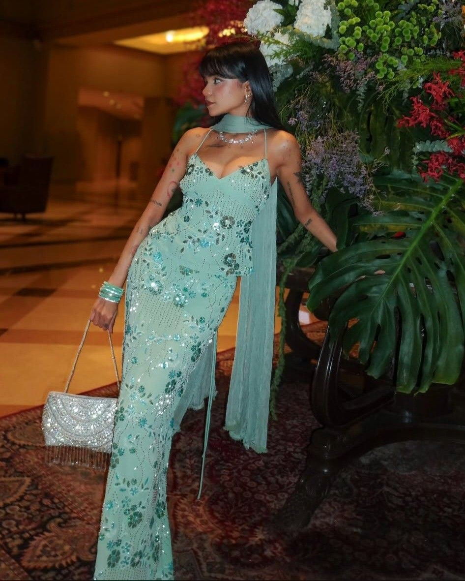 Sexy Spaghetti Straps Mint Green Satin Sequin  Beaded Mermaid Evening Dress Formal Birthday Party Dress Two Piece D1448