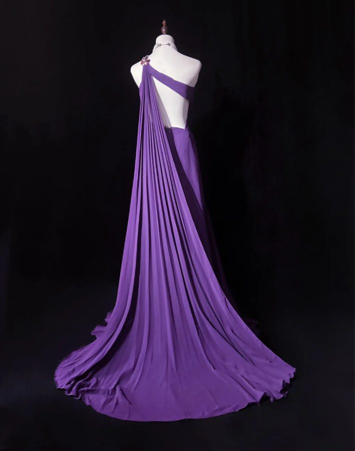 Classy One Shoulder Chiffon Pleated Beaded Mermaid Long Evening Dress Party Gown Purple Formal Wedding Guest Dress