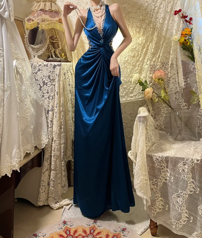 Fashion V Neck Navy Blue Satin Beaded Mermaid Long Party Dress Evening Dress D2107