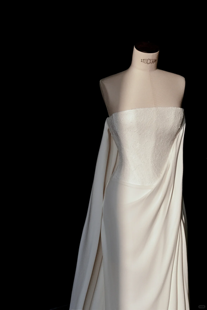 Simple Strapless Satin Lace Sheath Long Prom Dress,White Evening Dress Y8689