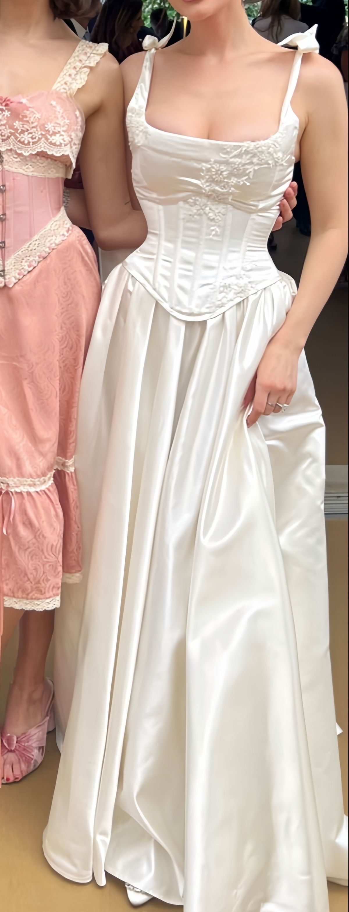 Pretty Spaghetti Straps White Satin Appliques Satin A Line Long Bridesmaid Dress Wedding Guest Dress D1894