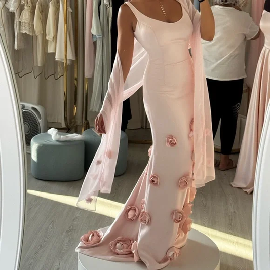 Pretty Pink Satin 3D Rose Flowers Mermaid Party Dress Long Evening Gown