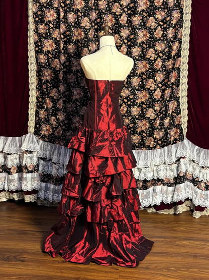 Unique Burgundy Satin Layered Long Party Dress Formal Evening Dress D2017