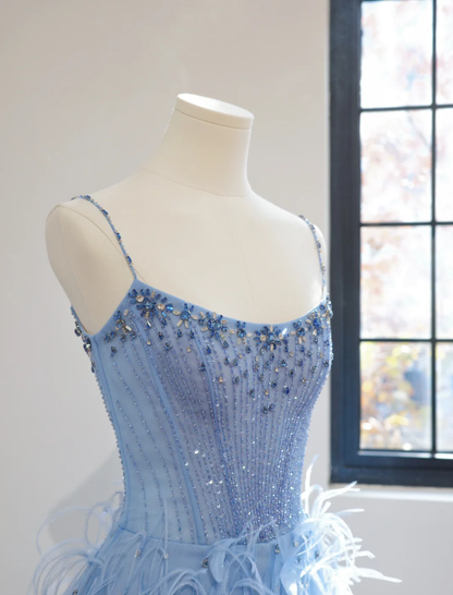 Fairy Spaghetti Straps Blue Satin Beaded Feathers A Line Birthday Prom Dress Party Dress D2151