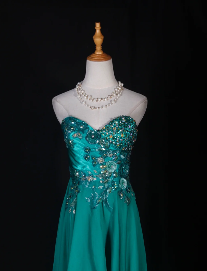 Fashion Strapless Green Satin Beaded  Birthday Prom Dress Embroidery Floral Mermaid Long Evening Dress D2281