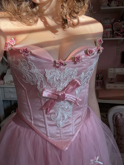 Cute Pink Strapless Satin Tulle Appliques A Line Long Birthday Prom Dresses Formal Wedding Guest Dress Party Gown