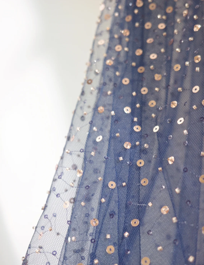 Glitter Navy Blue V Neck Tulle Sequin Beaded A Line Birthday Party Dress Long Evening Dress D2166