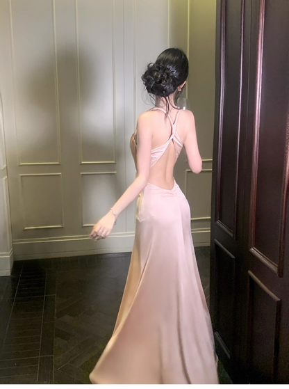 Classy Coral Powder Halter V Neck Satin Beaded Mermaid Long Party Dress Backless Evening Gown
