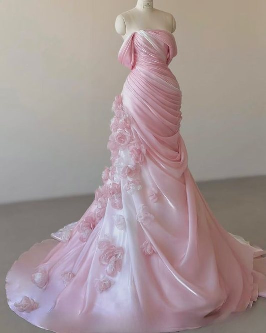 Beautiful Pink Off Shoulder Mermaid Evening Dress Prom Dress With 3D Flowers Y8291
