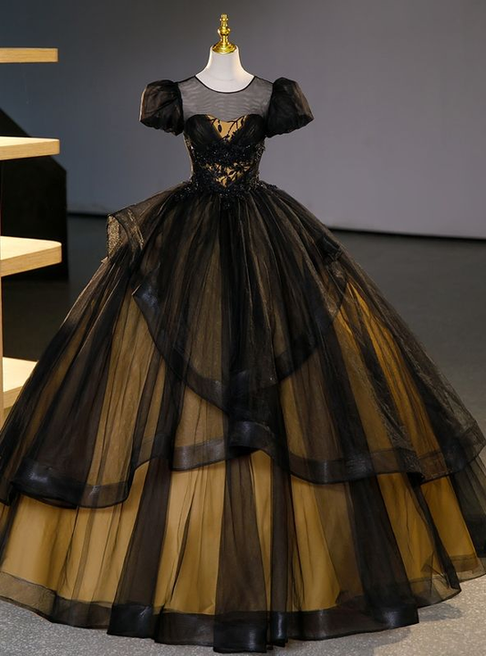 Black Tulle Puff Sleeves Appliques Beading Quinceanera Dress Sweet 16 Ball Gown cc2329