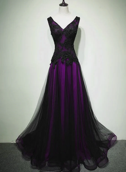 Black And Purple Tulle V-Neckline Beaded Prom Dress, Long Tulle Formal Dress Evening Dress