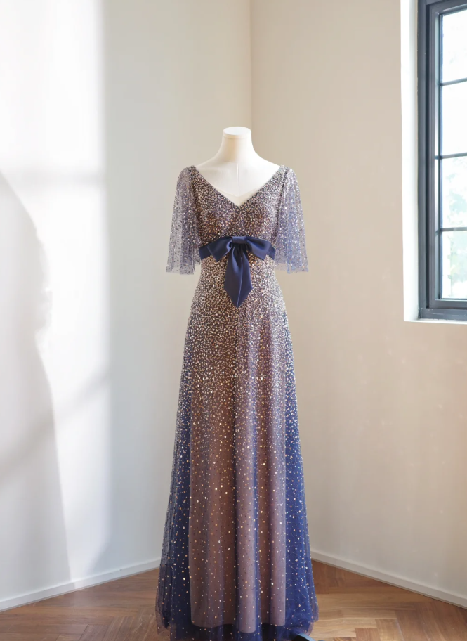 Glitter Navy Blue V Neck Tulle Sequin Beaded A Line Birthday Party Dress Long Evening Dress D2166