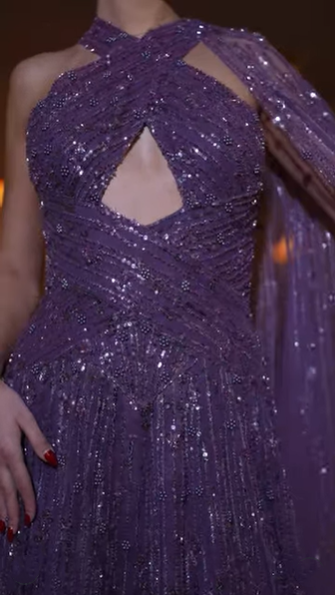 Shiny Purple Tulle Sequin Beaded A Line Long Wedding Guest Dress Formal Birthday Party Dress Evening Dress D1925