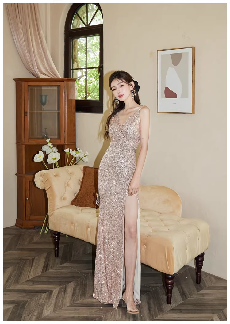 Sparkly Spaghetti Straps Champagne Gold Sequin Slit Mermaid Long Prom Dress Evening Gown
