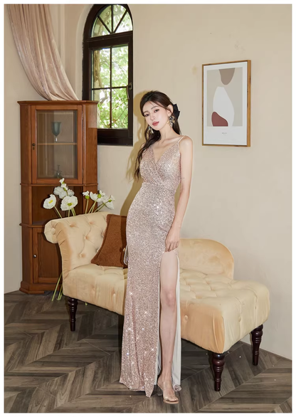 Sparkly Spaghetti Straps Champagne Gold Sequin Slit Mermaid Long Prom Dress Evening Gown