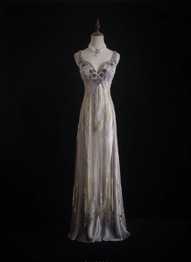 Glitter Silver Satin Sequin Beaded Mermaid Long Party Dress Formal Birthday Evening Dress D2002
