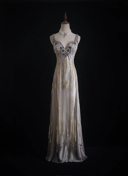 Glitter Silver Satin Sequin Beaded Mermaid Long Party Dress Formal Birthday Evening Dress D2002